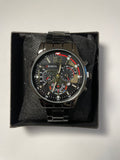 Black Geneva watch with red accents